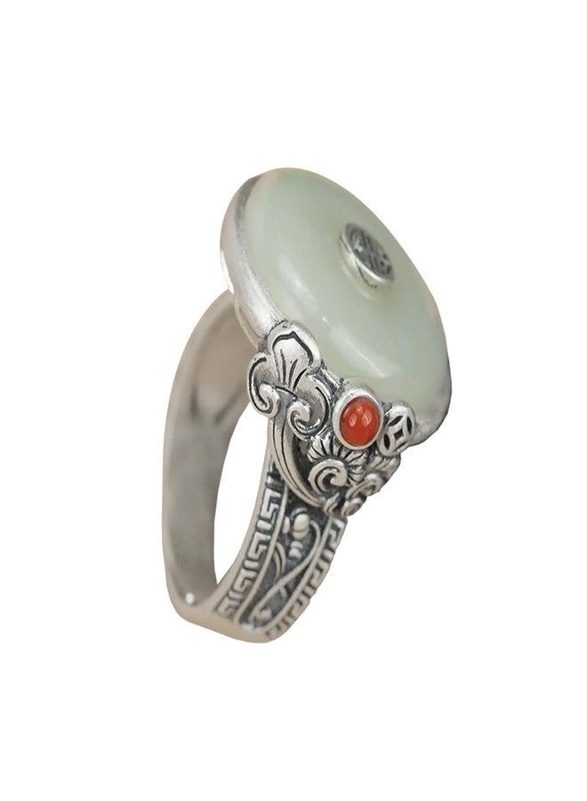 vinsiora Chinese Vintage Jade And Silver Ring With Ornate Detailing Design, a Hanfu Accessory Featuring An Open Design That Is Adjustable In Size (Jade Ring) - Image 1